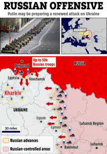 Illustration of a map showing a potential Russian offensive in Ukraine, indicating troop movements and areas controlled by Russia.