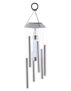 Solar-powered wind chime with light-up bubble.