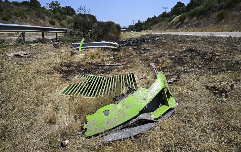 ZAMORA, SPAIN - JULY 3: General view of the crash site where Liverpool FC player Diogo Jota and his brother AndrÃ© Silva lost their lives, showing the wreckage of the Lamborghini Huracan at kilometre 65 of the A-52, near the town of Cernadilla, close to Zamora, Spain. The car crash occurred just after midnight on July 3, 2025. Spanish authorities said the vehicle left the road and caught fire upon impact. Both Jota and his brother were killed. (Photo by Octavio Passos/Getty Images)