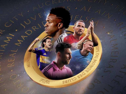 Illustration of soccer players surrounding a FIFA Club World Cup medal.