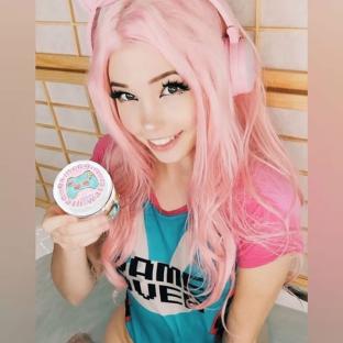 Belle Delphine holding a jar of Gamer Girl Bath Water.