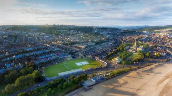 Aerial view of St Helen's Rugby and Cricket Ground in Swansea.