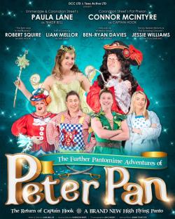 Poster for a Peter Pan pantomime, featuring Paula Lane as Tinker Bell and Connor McIntyre as Captain Hook.
