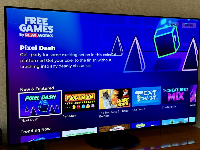 Screenshot of a TV screen showing several free games available on Playworks.