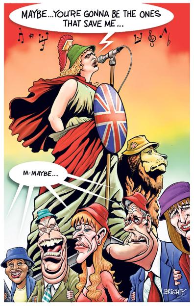 Illustration of Keir Starmer as a Greek warrior, singing into a microphone, with other caricatures looking on.