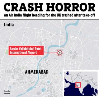 Map showing the location of an Air India plane crash near Ahmedabad, India.