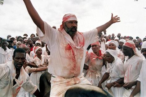 A Haitian Voodoo priest in a trance sits on a cow before its sacrifice during a ceremony.