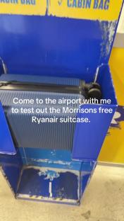 Blue Ryanair suitcase in a size-check fixture at the airport.