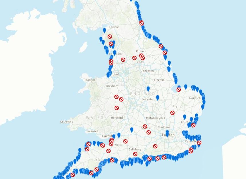 Map of England and Wales showing bathing water quality.
