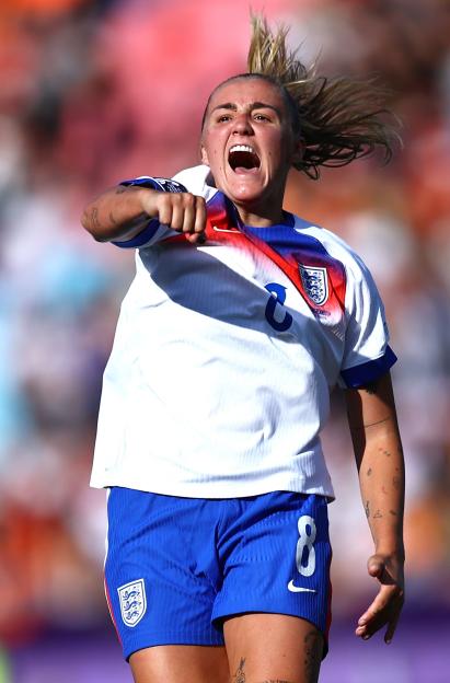 Georgia Stanway of England Women's soccer team celebrating a goal.
