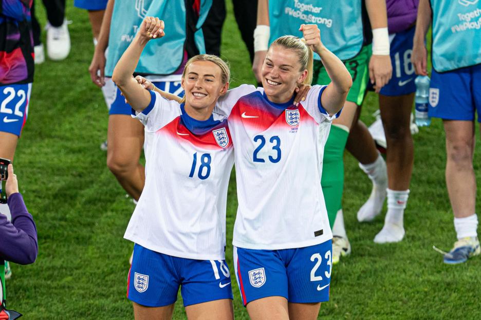 Alessia Russo and Chloe Kelly celebrating England's win at the UEFA Women's EURO 2025 Quarter-Final.