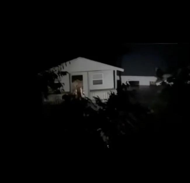 Nighttime photo of a house partially obscured by foliage.