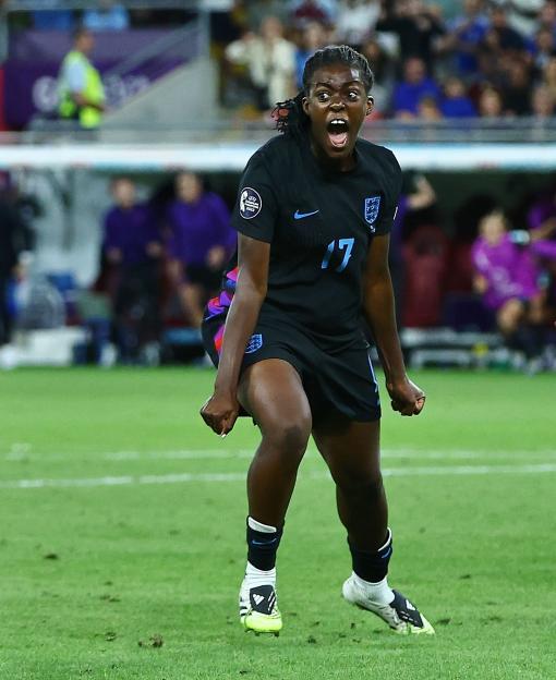 Michelle Agyemang of England celebrates scoring a goal.