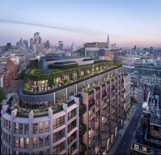 Aerial view of a new building in London with a rooftop garden.