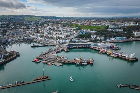Aerial view of Brixham harbor in Devon, England.