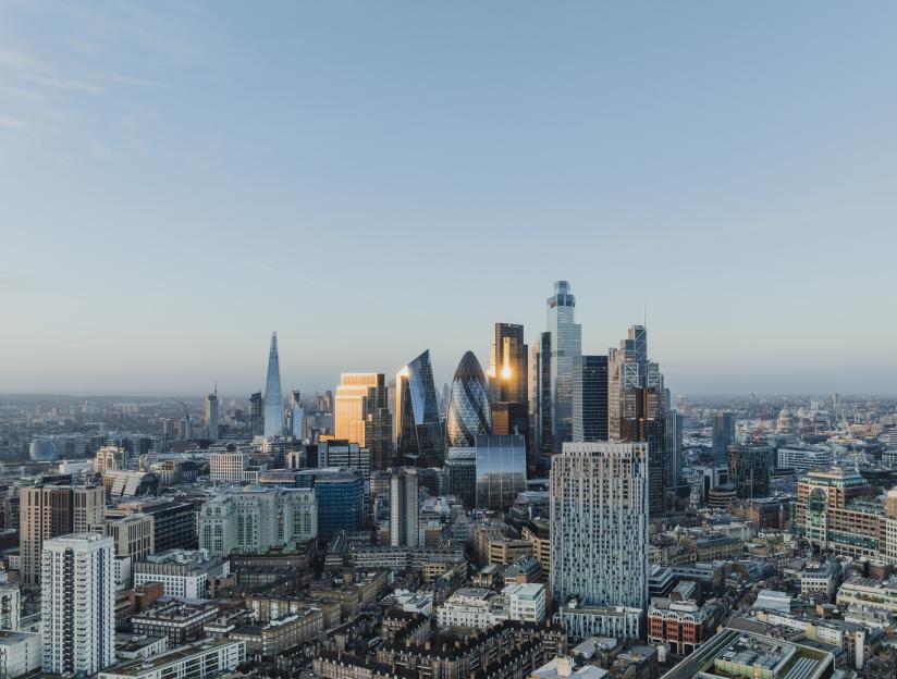 Elevated view of the London cityscape at sunrise.