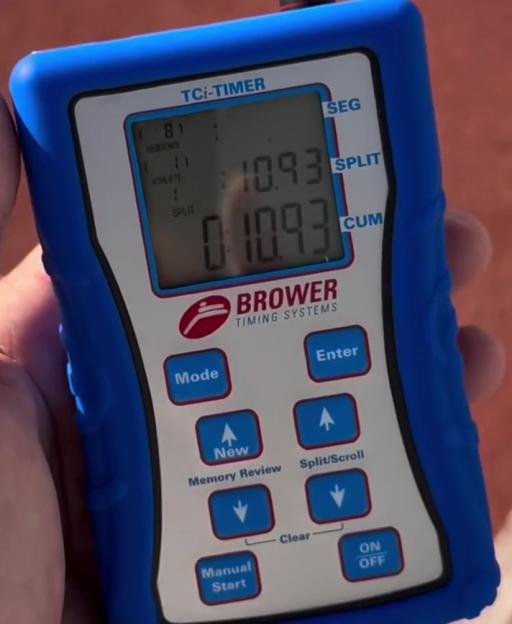 Hand holding a blue Brower Timing Systems TCI-Timer.