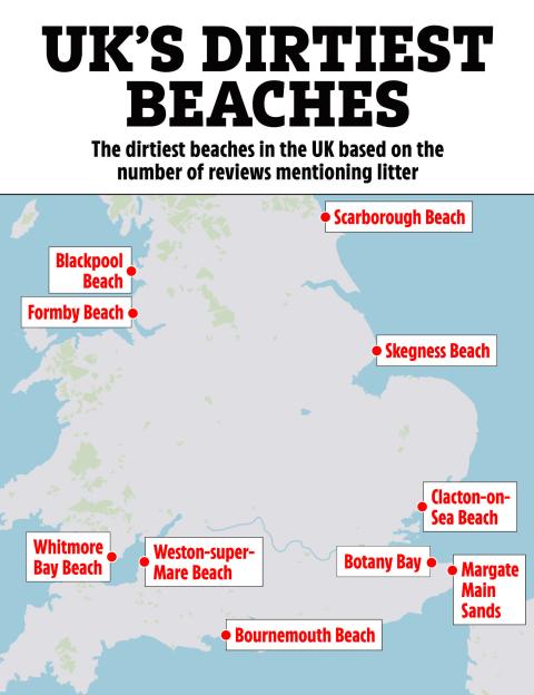 Map of UK's dirtiest beaches.