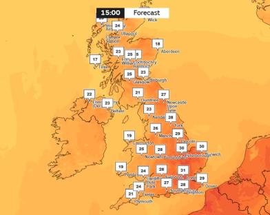 Map of the UK showing forecast temperatures.
