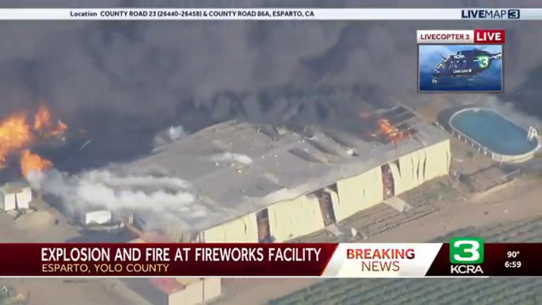 Aerial view of a fireworks facility fire in Esparto, Yolo County.