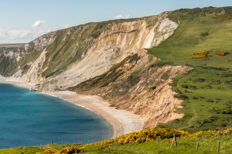 Worbarrow Bay beach and cliffs on the Jurassic Coast.
