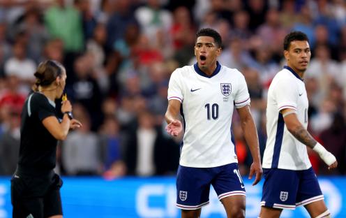 Jude Bellingham of England reacts to a disallowed goal.