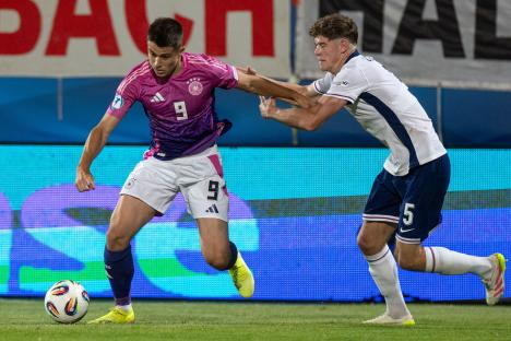 Nicolo Tresoldi and Charlie Cresswell during an England vs. Germany under-21 soccer match.