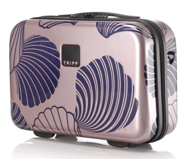 Pink Tripp travel case with navy shell pattern.