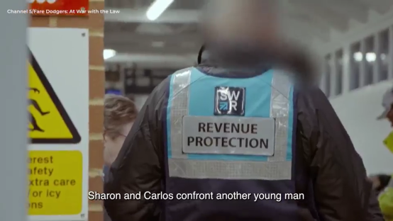 Screenshot of Sharon and Carlos confronting a young man; the man wears a revenue protection vest.