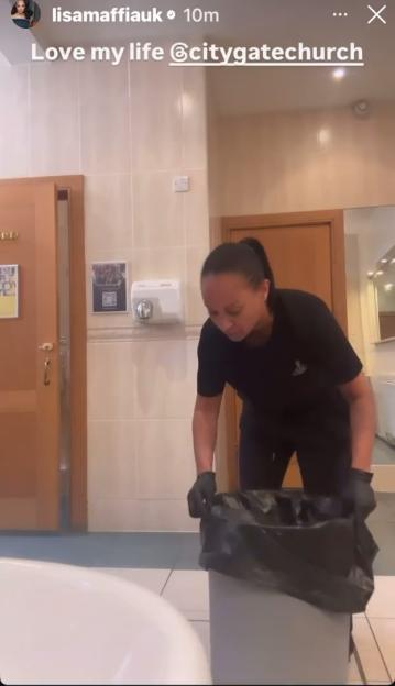Lisa Maffia cleaning a trash can at a church.