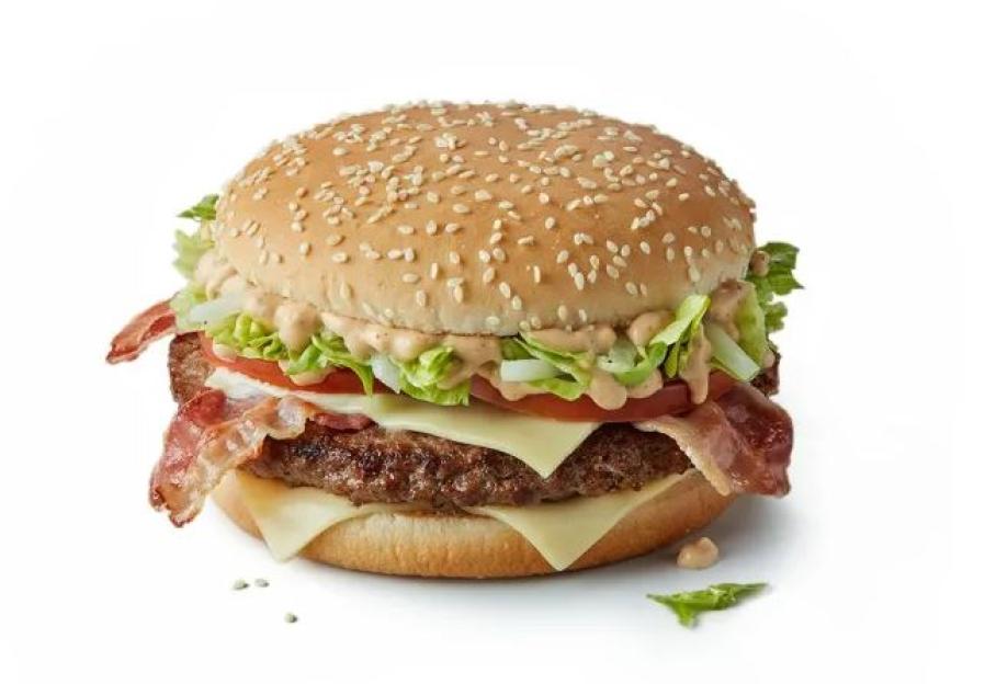 McDonald's burger with bacon, cheese, lettuce, and tomato.