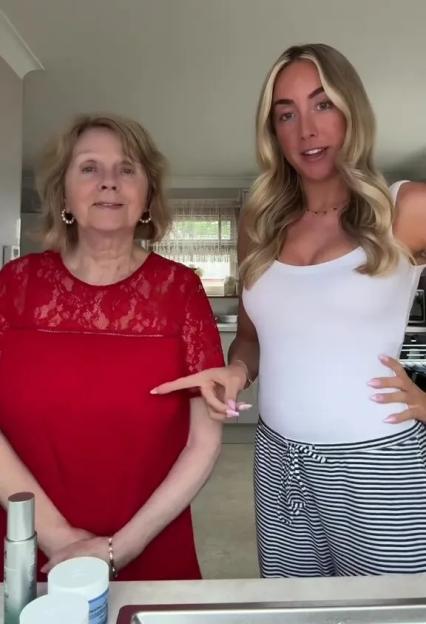 A young woman and her grandmother demonstrate a skincare hack.