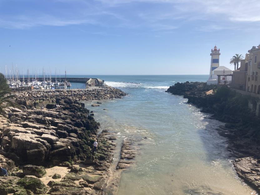 Lighthouse and harbor viewed from rocky coastline.