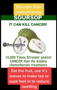 Illustration of soursop with text claiming it can kill cancer.