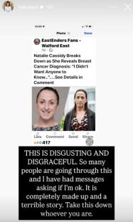 Instagram post showing a fabricated news story about Natalie Cassidy's breast cancer diagnosis and a response condemning it.