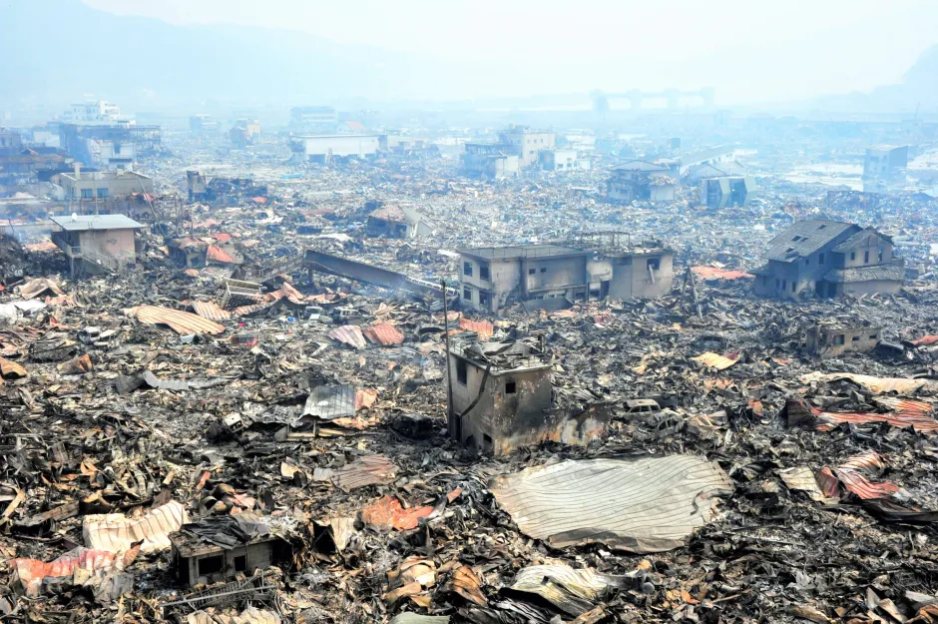 Aerial view of tsunami destruction.