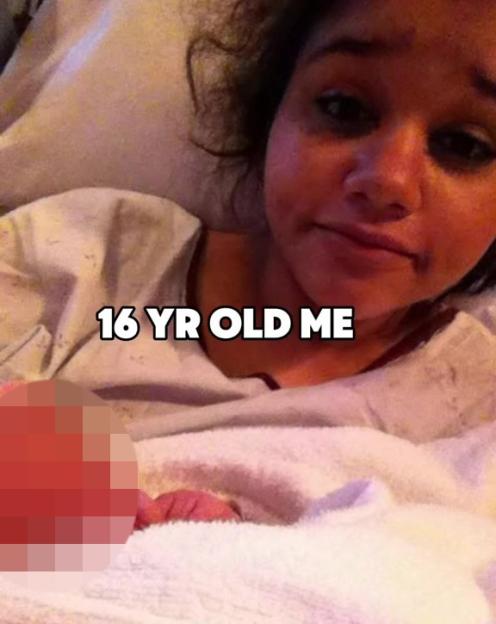 A 16-year-old mother holding her newborn baby.