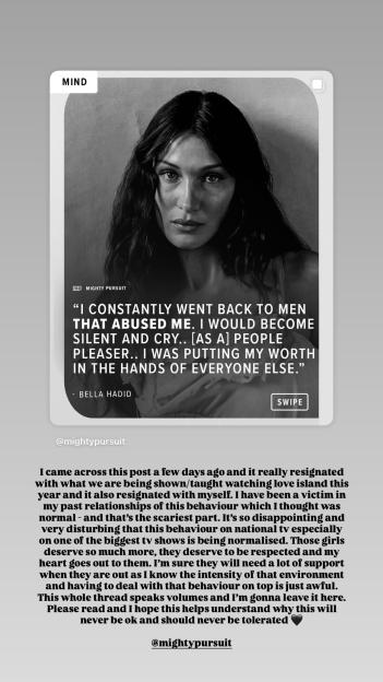 Black and white photo of Bella Hadid with a quote about abusive relationships.
