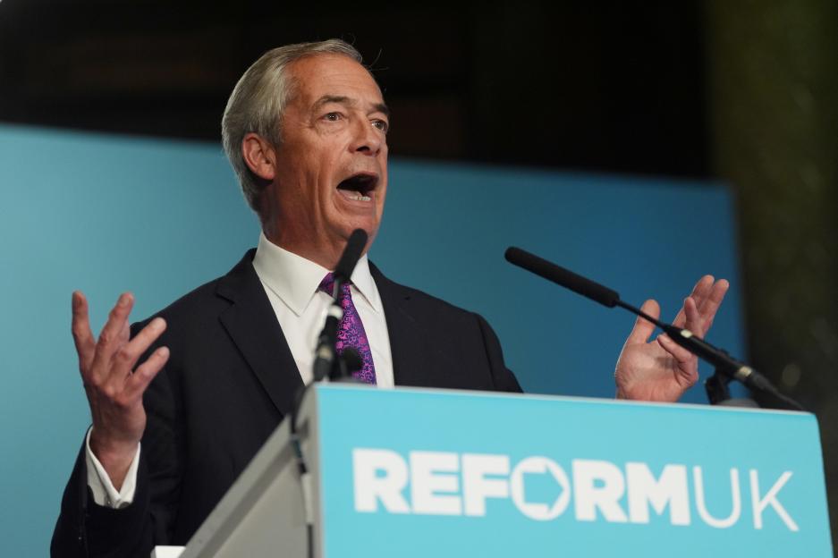 Nigel Farage speaking at a Reform UK press conference.