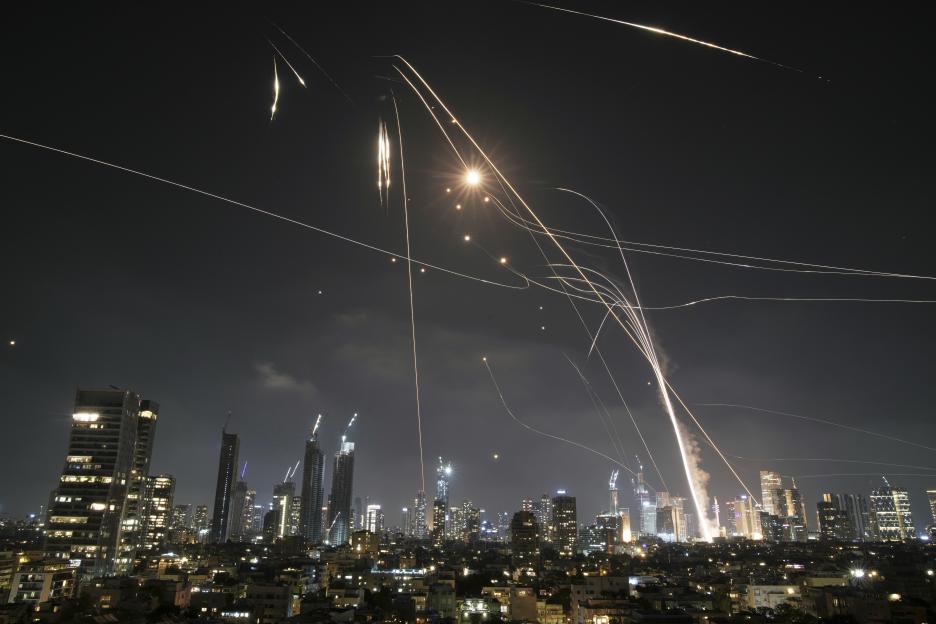 Iron Dome intercepting missiles over Tel Aviv.