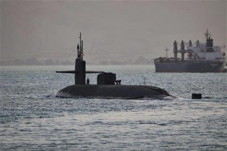 A guided-missile submarine in the Suez Canal.
