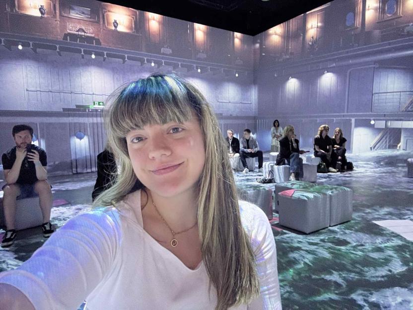 Woman at a Titanic exhibit.