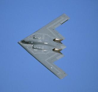 Overhead view of a Northrop B-2 Spirit stealth bomber in flight.