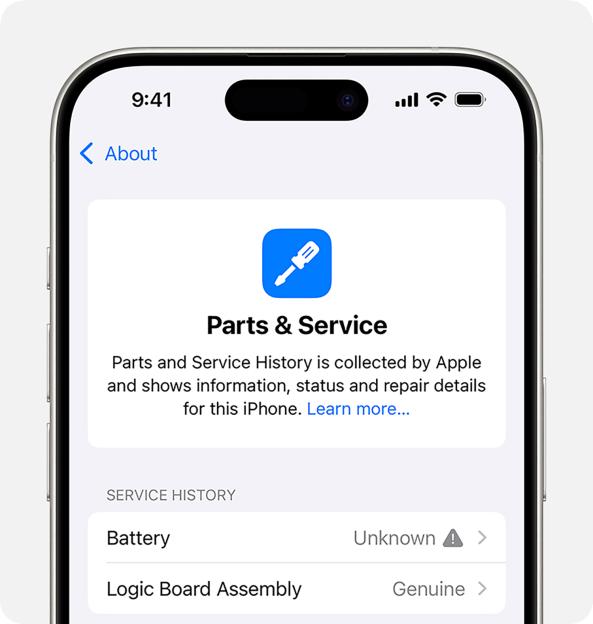 iPhone screen showing parts and service history, including battery and logic board assembly status.