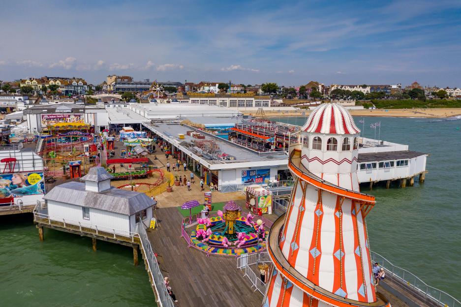 Aerial view of Clacton Pier amusement park.