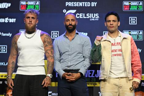 Jake Paul, Nakisa Bidarian, and Julio Cesar Chavez Jr. at a boxing press conference.