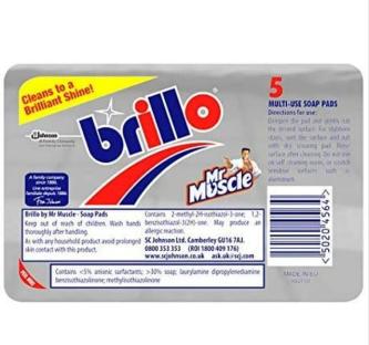 Package of five Brillo soap pads by Mr. Muscle.