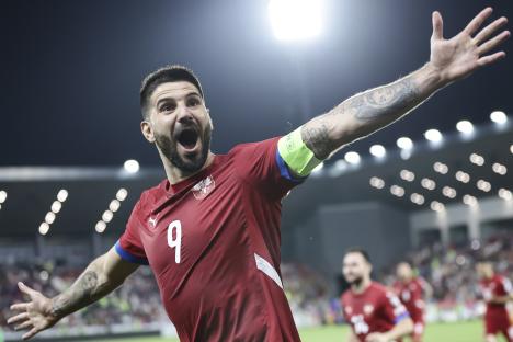 Aleksandar Mitrovic of Serbia celebrates scoring a goal.