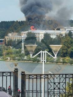 Smoke rising from a burning building in Izhevsk, Russia.