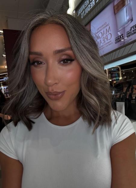Shona Manderson with grey hair and makeup.